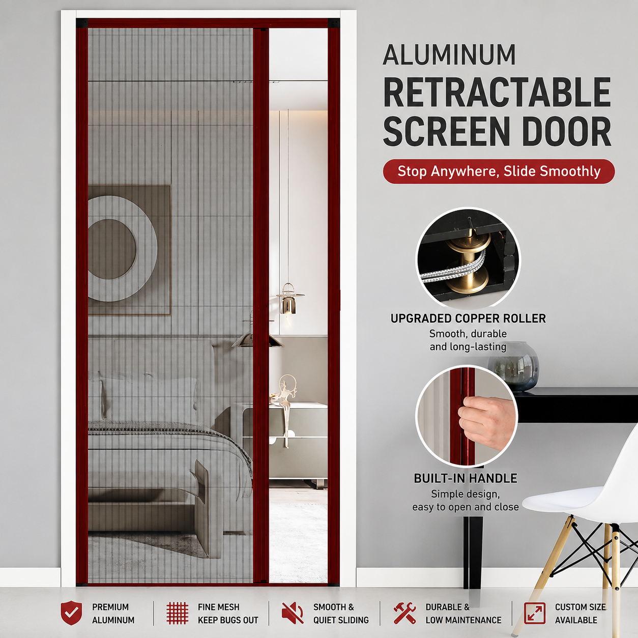 Custom Retractable Pleated Screen Door – No-Drill Aluminum Frame