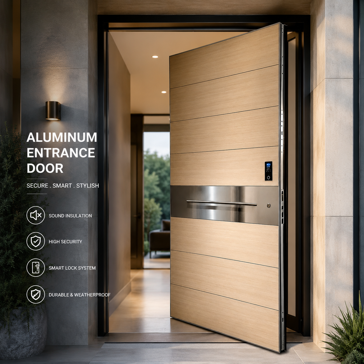Premium Pivot Wood Grain Aluminum Entrance Door – Smart, Soundproof & Custom Made