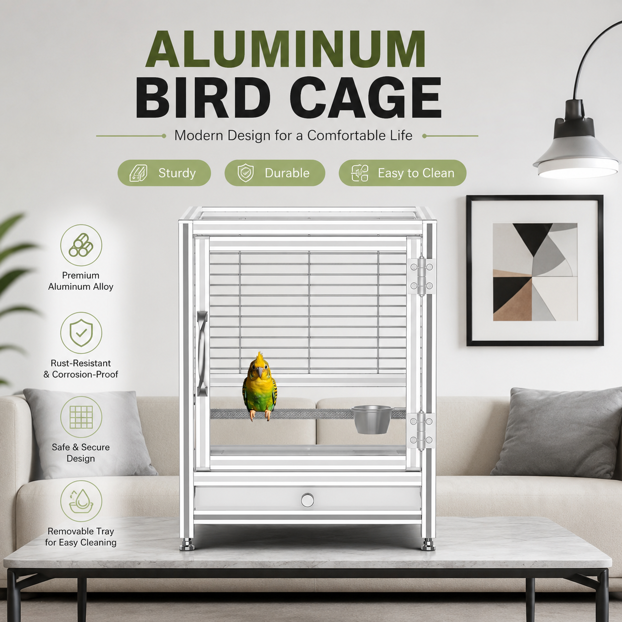 Luxury Aluminum Alloy Bird Cage with 304 Stainless Steel Hardware and Magnetic Full-View Door