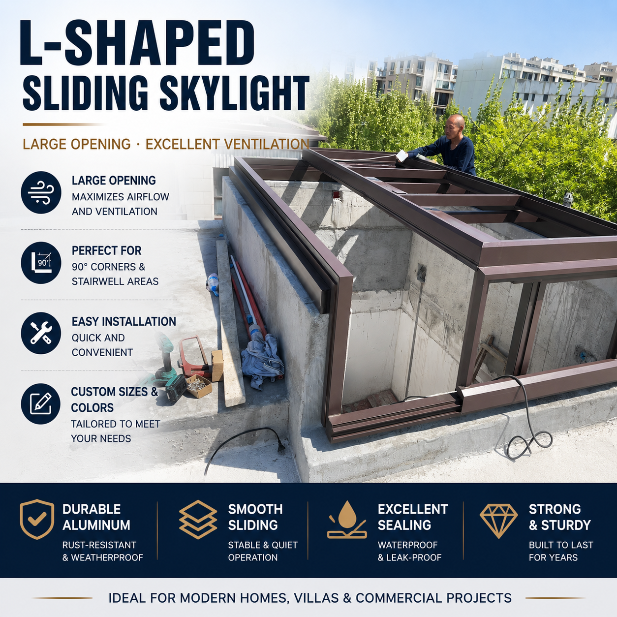 90° Corner L-Type Motorized Sliding Skylight | Remote Control Auto Roof Window with Optional Rain Sensor Auto Close