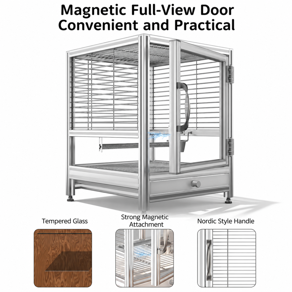 Luxury Aluminum Alloy Bird Cage with 304 Stainless Steel Hardware and Magnetic Full-View Door