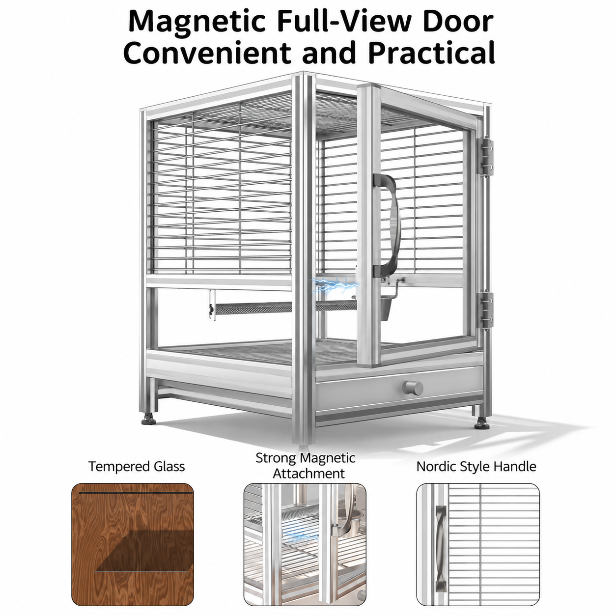 Luxury Aluminum Alloy Bird Cage with 304 Stainless Steel Hardware and Magnetic Full-View Door