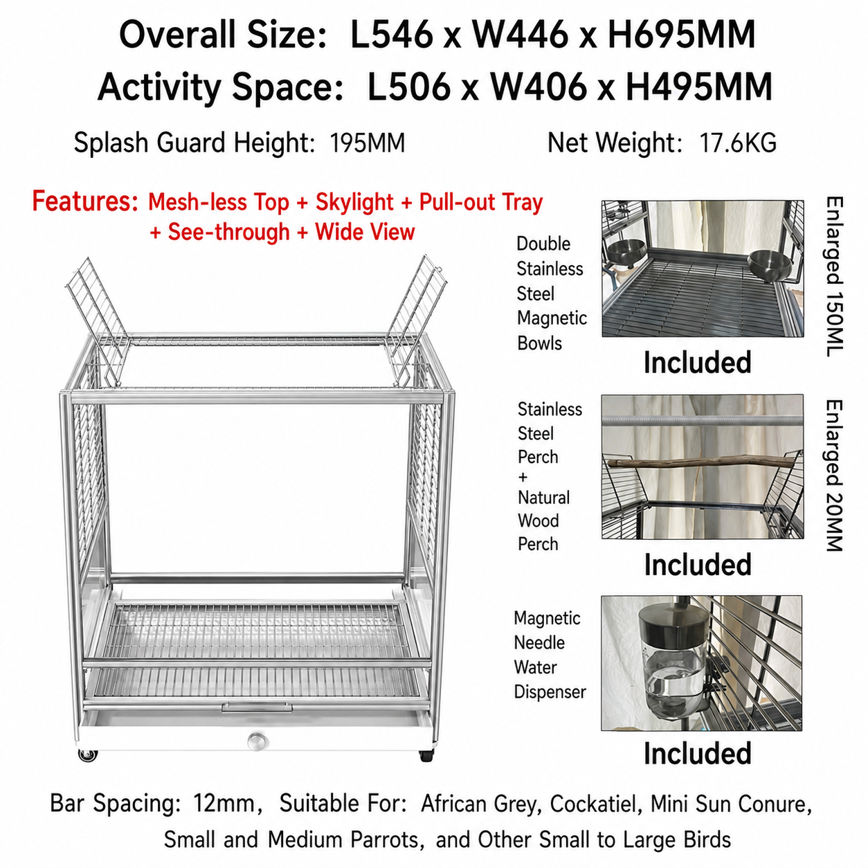 Luxury Aluminum Alloy Bird Cage with 304 Stainless Steel Hardware and Magnetic Full-View Door