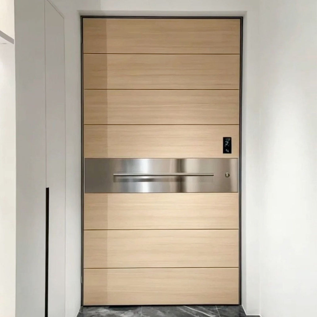 Premium Pivot Wood Grain Aluminum Entrance Door – Smart, Soundproof & Custom Made